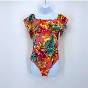 Kona sol pink tropical ruffle one piece swim suit